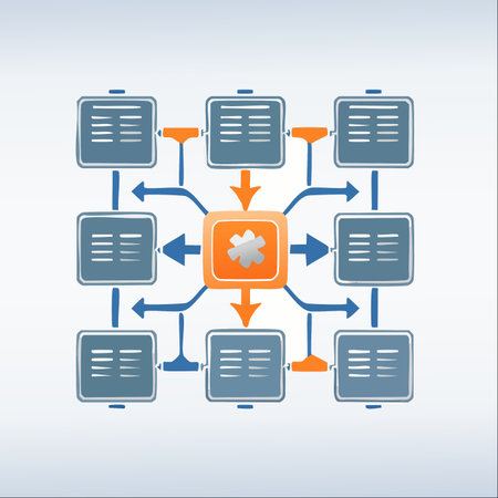 A visual representation of a dynamic system where a central core, symbolized by an orange hub, efficiently manages the flow of data and communication to and from multiple interconnected nodes.のイラスト素材