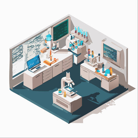 An isometric view of a modern science laboratory, equipped for discovery.のイラスト素材