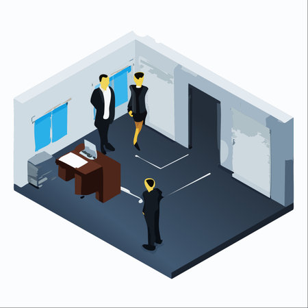 An isometric cutaway view of a modern corporate office. Three stylized business figures are positioned within the space, suggesting a strategic meeting or workflow planning.のイラスト素材