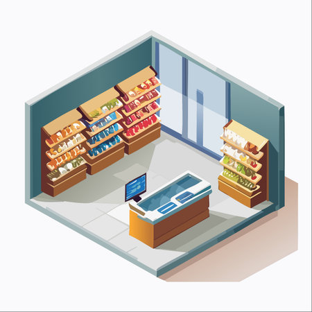 An isometric view showcases the clean and organized layout of a modern grocery store. Shelves are neatly stocked with a variety of products, while a central freezer display offers chilled goods.のイラスト素材