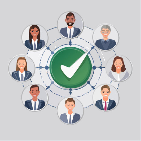 A modern human resources concept showing a diverse network of professional candidates connected to a central green checkmark, symbolizing successful vetting, approval, and team selection.のイラスト素材
