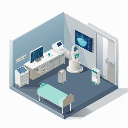 An isometric view into the future of patient care, where an advanced medical robot stands ready in a high-tech hospital room.のイラスト素材