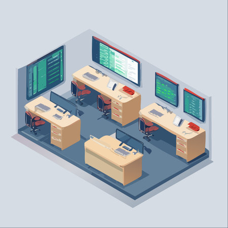 An isometric view of a high-tech command center or modern office space.のイラスト素材