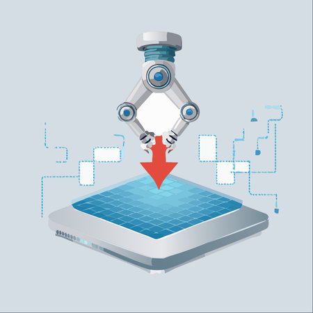 A futuristic robotic arm precisely inputs data, symbolized by a red arrow, onto a digital grid.