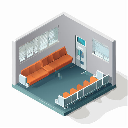 A clean, modern waiting area viewed from an isometric perspective. The space is quiet and empty, with rows of orange chairs and a sofa awaiting visitors.のイラスト素材