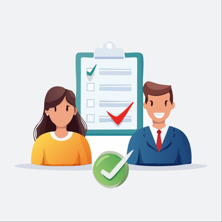 A man and a woman, representing successful job applicants or team members, stand proudly in front of a completed evaluation checklist.のイラスト素材