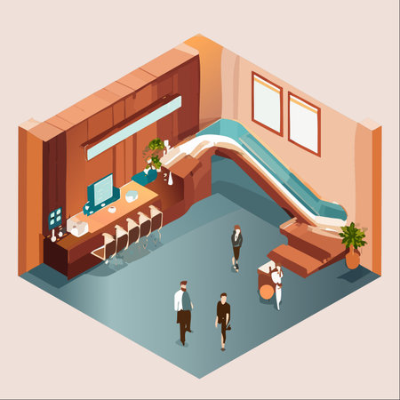An isometric illustration captures the dynamic flow of a modern corporate lobby.のイラスト素材
