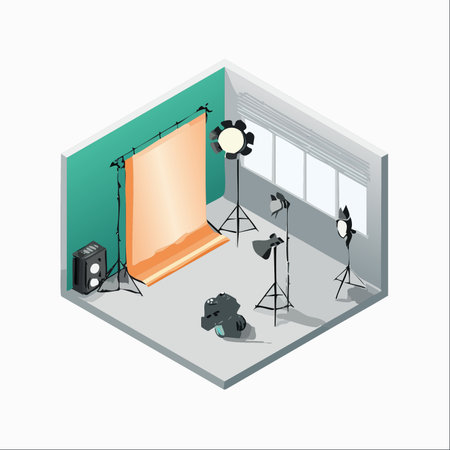 An isometric view of a modern photography studio, fully equipped and ready for a creative photoshoot.のイラスト素材