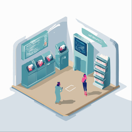 An isometric illustration depicting a clean, modern information hub where people interact with automated self-service kiosks.のイラスト素材