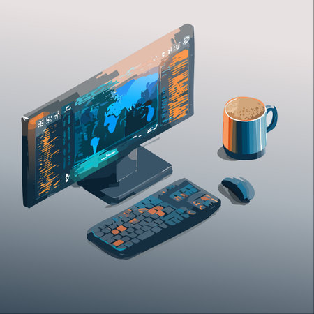 An isometric view of a high-tech workstation where global data and financial markets are analyzed.