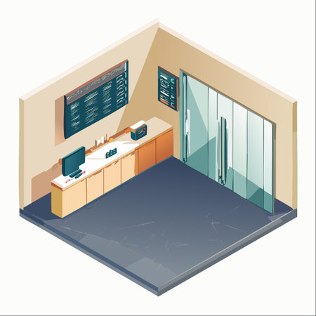 A clean, modern reception or service area shown in an isometric perspective.のイラスト素材