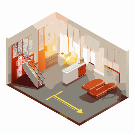 A clean, modern interior space viewed from an isometric perspective. Sunlight streams through windows, illuminating a reception area.のイラスト素材