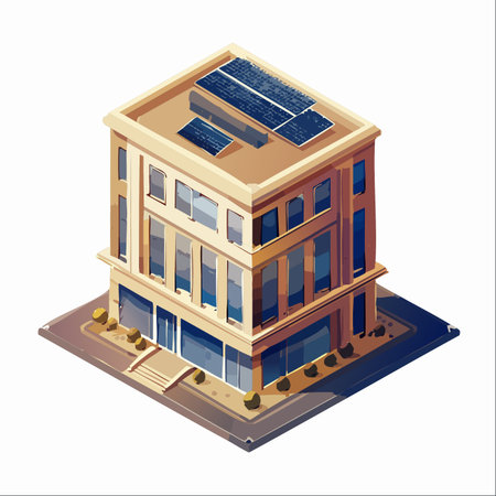 An isometric illustration of a modern urban building harnessing the power of the sun.のイラスト素材