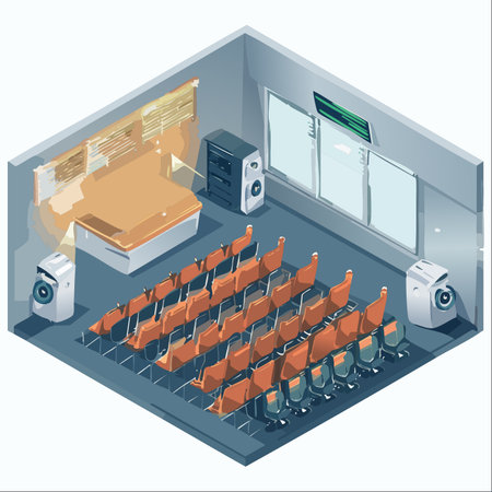 An isometric view of a state-of-the-art conference hall, perfectly arranged and waiting for an audience.のイラスト素材