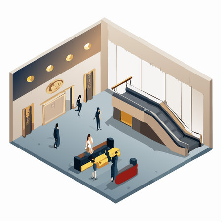 An isometric illustration capturing the dynamic flow of a modern building's interior.のイラスト素材