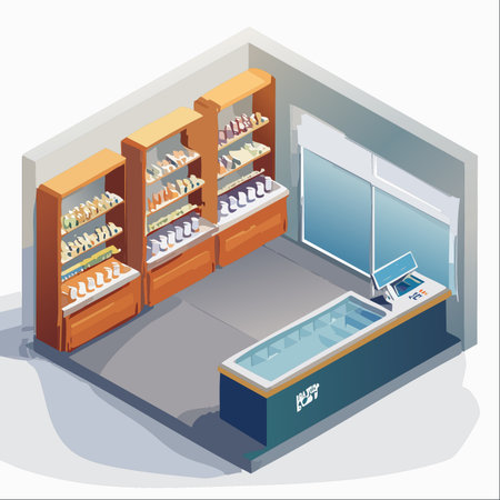 A clean and modern isometric illustration of a small grocery or convenience store.のイラスト素材