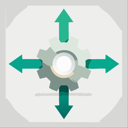 A central gear, representing a core process or operational hub, powers four distinct arrows pointing in cardinal directions.のイラスト素材