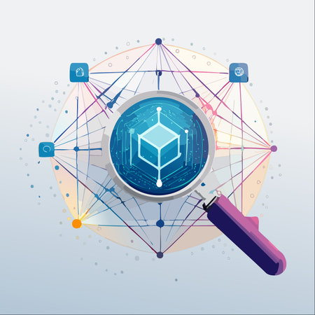 A conceptual illustration of a magnifying glass scrutinizing a digital cube within a complex, decentralized network.のイラスト素材
