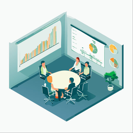 An isometric vector illustration captures a team of professionals engaged in a strategic planning session.のイラスト素材