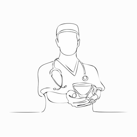 A continuous line drawing captures a moment of respite for a dedicated medical professional.のイラスト素材