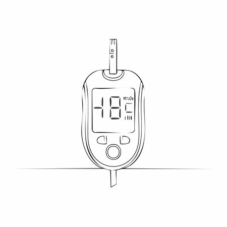 A minimalist black and white sketch of a blood glucose meter displaying a critically high reading of 485.のイラスト素材