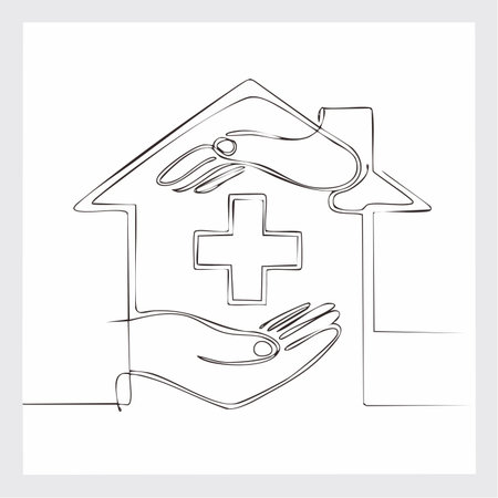 A single, unbroken line illustrates the concept of comprehensive care, where hands gently protect a home that doubles as a sanctuary for health and healing.のイラスト素材