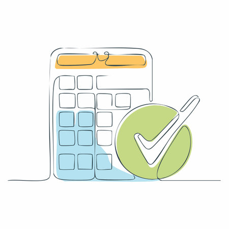 A single continuous line forms a calculator and a bold checkmark, symbolizing financial accuracy and successful budgeting.のイラスト素材