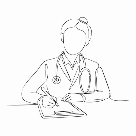 A female doctor, rendered in a single continuous line, sits focused at her desk, diligently writing notes.のイラスト素材