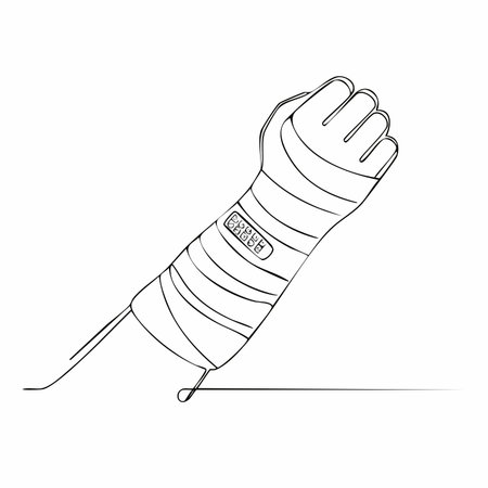 A minimalist, single-line illustration depicts a human arm and hand wrapped in a supportive cast after an injury. This clean graphic symbolizes healing, medical care, and recovery from an accident.のイラスト素材