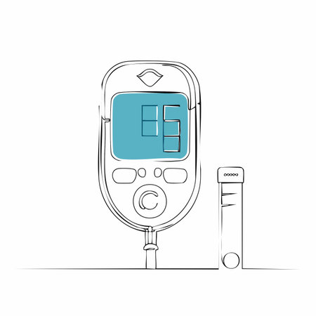 A simple, elegant continuous line drawing illustrates a modern blood glucose meter displaying a healthy reading.のイラスト素材