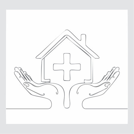 A single, unbroken line forms a pair of caring hands holding a home with a medical cross.のイラスト素材