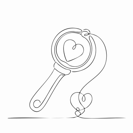 A single, unbroken line forms a magnifying glass focused on a heart, symbolizing the search for love and connection.のイラスト素材