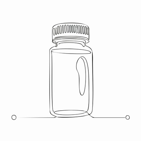 A single, unbroken line elegantly forms the shape of a medicine bottle, symbolizing the streamlined and essential nature of modern healthcare and wellness.のイラスト素材