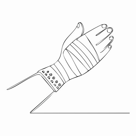 A simple black and white line drawing illustrating an injured hand wrapped in bandages and supported by a wrist splint.のイラスト素材