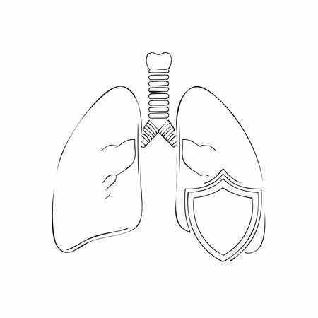 A minimalist line drawing illustrating the concept of lung protection. A shield guards the respiratory system, symbolizing immunity, disease prevention, and overall pulmonary health.のイラスト素材