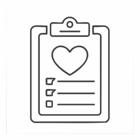 A simple line icon representing a health and wellness checklist on a clipboard. The prominent heart symbol emphasizes concepts of cardiology, self-care, and monitoring one's health goals.のイラスト素材