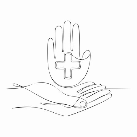 A single, unbroken line forms two hands in a gesture of care and protection.のイラスト素材