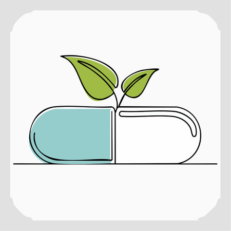 A single continuous line forms a capsule from which a vibrant green sprout emerges, symbolizing the power of nature in modern medicine.のイラスト素材