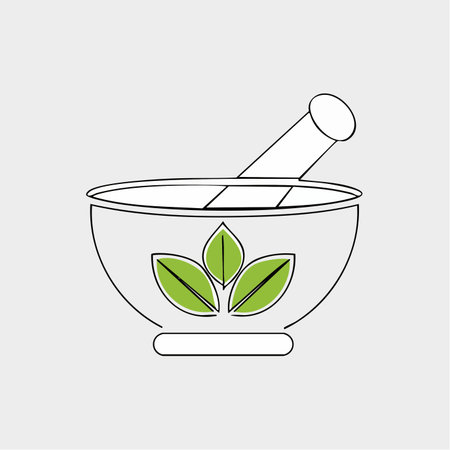 A simple and clean illustration of a mortar and pestle, adorned with green leaves, symbolizing the power of natural remedies and herbal medicine.のイラスト素材