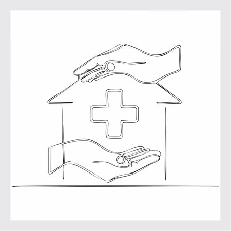 A single, unbroken line artfully forms two hands creating a protective house shape around a medical cross.のイラスト素材