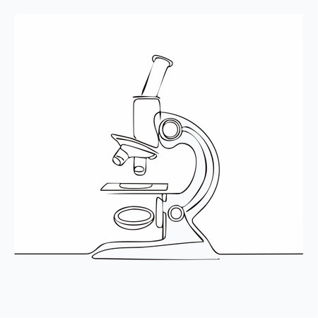 A single, unbroken line forms the elegant silhouette of a microscope, symbolizing the continuous pursuit of knowledge and scientific discovery.のイラスト素材