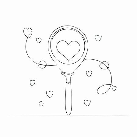 A single, unbroken line forms a magnifying glass, focusing intently on a heart.のイラスト素材