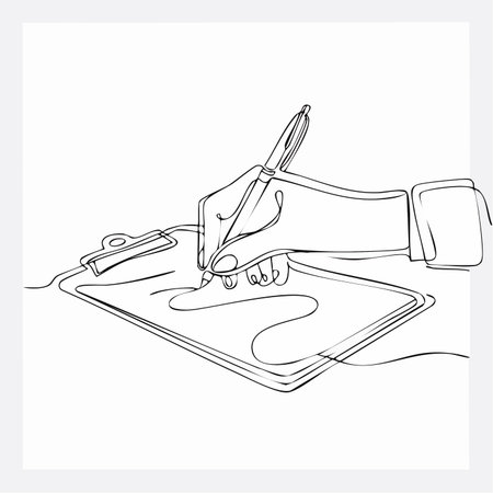 A single, unbroken line elegantly captures the decisive moment of a hand signing a document on a clipboard.のイラスト素材