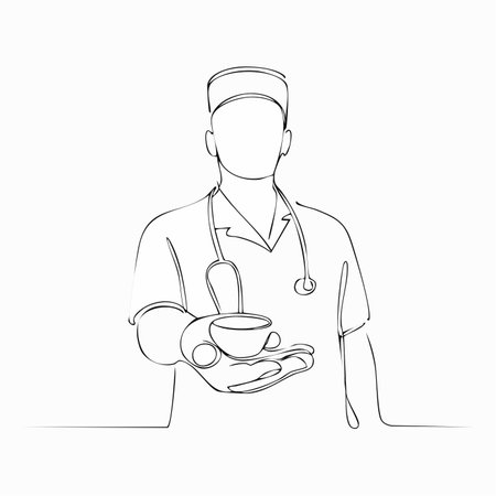 A single, unbroken line captures the quiet moment of a surgeon taking a well-deserved coffee break.のイラスト素材