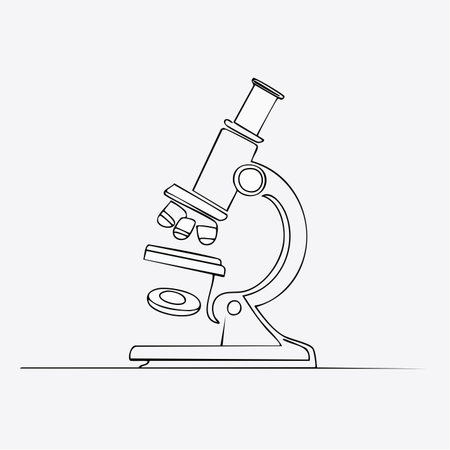A single, unbroken line forms the classic silhouette of a microscope, symbolizing the continuous pursuit of knowledge and discovery.のイラスト素材