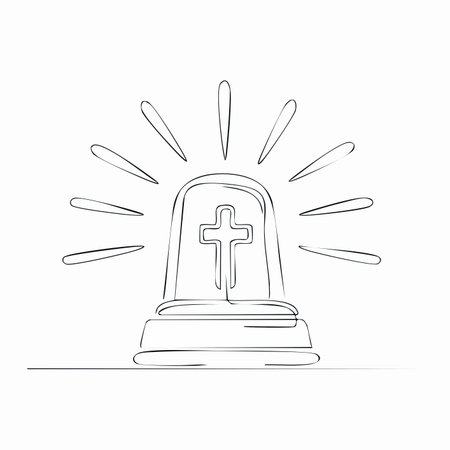 A single continuous line forms a tombstone with a cross, from which rays of light shine.のイラスト素材