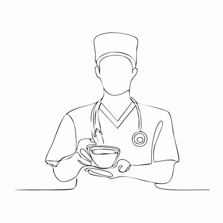 A continuous line drawing captures a quiet moment for a healthcare professional. A doctor in scrubs and a stethoscope takes a well-deserved break, holding a warm cup of coffee or tea.のイラスト素材