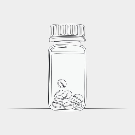 A minimalist, continuous line drawing of a medicine bottle containing pills.のイラスト素材