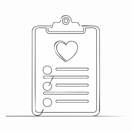 A single, unbroken line forms a clipboard with a heart and a checklist, symbolizing a commitment to health and self-care.のイラスト素材