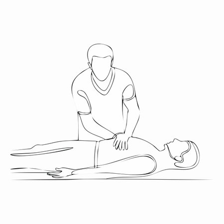 A minimalist, single-line drawing captures the urgent and focused action of a first responder performing CPR.のイラスト素材